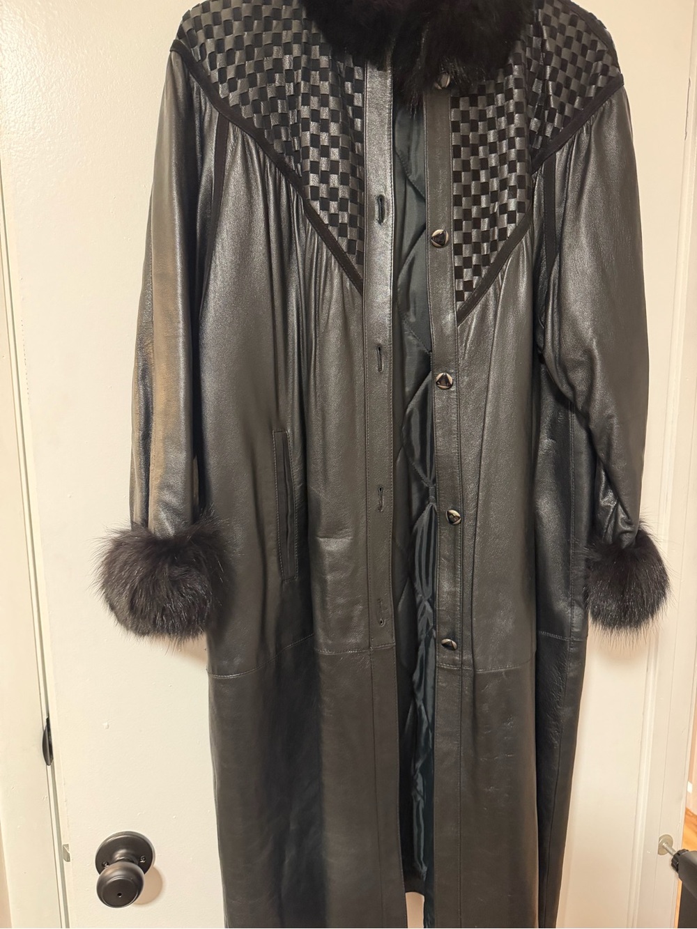 Black Leather Long Coat with Fur Trim
